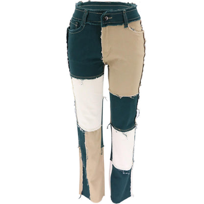 Women's Patchwork Pants Hight Waist Distressed Straight Denim Jeans Wide Leg High Waisted Baggy Drawstring Sweat