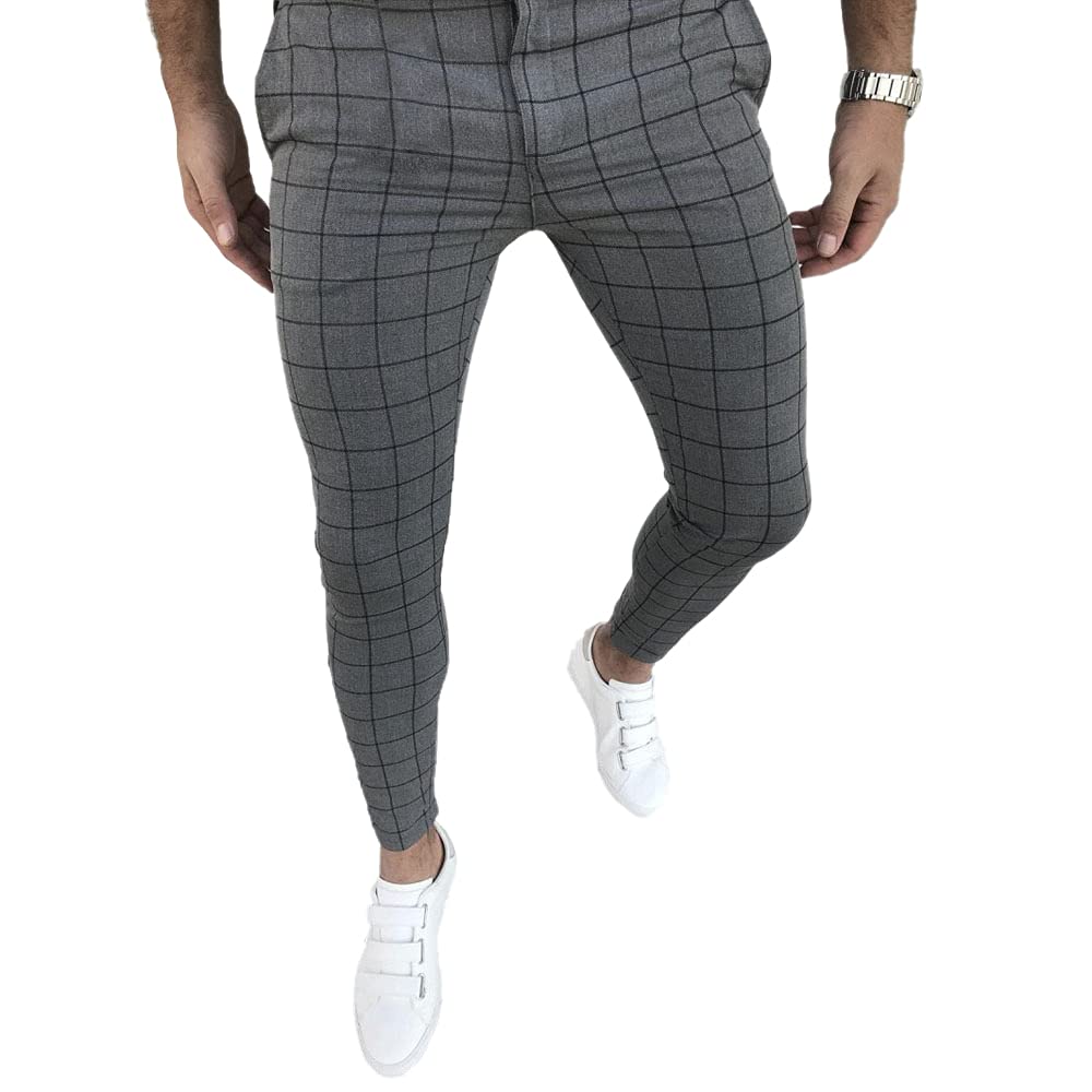 Men's Fashion Stretch Dress Pants Slim Fit Plaid Skinny Long Pants Casual Business Golf Dress Pants