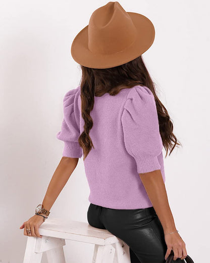 Women's Puff Short Sleeve Sweater Tops 2024 Spring Summer Trendy Crew Neck Casual T Shirts Blouses