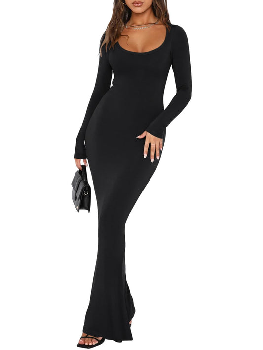REORIA Womens Basic Sexy Square Neck Long Sleeve Soft Lounge Long Dress Fall Casual Ribbed Bodycon Maxi Dresses