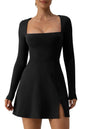 QINSEN Womens Square Neck Bodice Dress Long Sleeve Side Slit Flare Mini Dresses