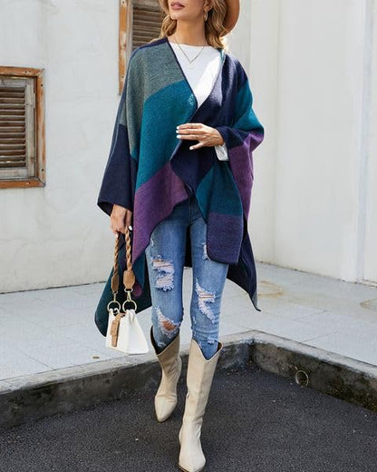 Bestshe Women's Boho Open Front Poncho Knitted Plaid Shawl Wrap Cape Tassel Cardigan Sweater