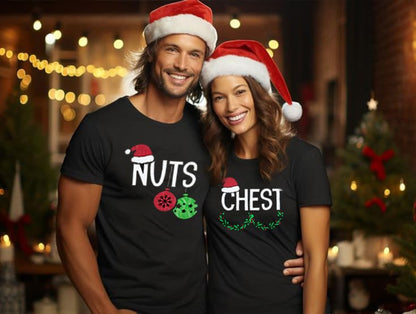 Chest and Nuts Christmas Shirts Xmas Couples Matching Outfits His and Her Holiday Short Sleeve Matching Sets