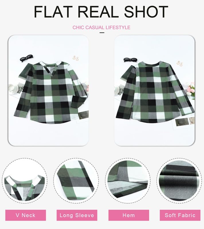 Dokotoo Womens Basic Casual V Neck Plaid Print Cotton Cuffed Long Sleeve Work Tops Blouses Shirts S-3XL