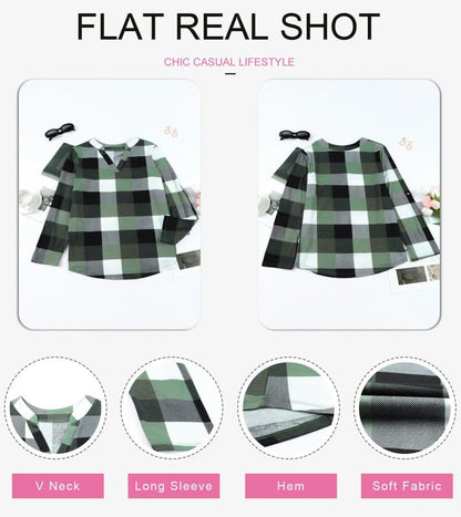 Dokotoo Womens Basic Casual V Neck Plaid Print Cotton Cuffed Long Sleeve Work Tops Blouses Shirts S-3XL