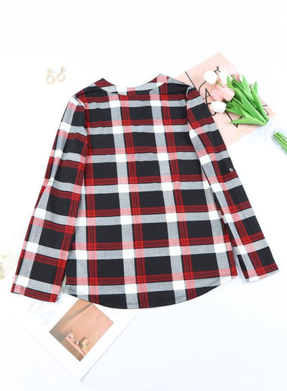Dokotoo Womens Basic Casual V Neck Plaid Print Cotton Cuffed Long Sleeve Work Tops Blouses Shirts S-3XL