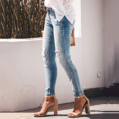 Jeans for Women High Waist Stretch Skinny Jean Button Fly Stretchy Straight Legs Denim Pants Destroyed Denim Pants