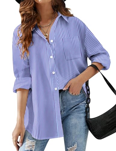 HOTOUCH Women Oversized Button Down Shirts Office Drop Shoulder Blouse Long Sleeve Boyfriend Dress Shirt with Pockets