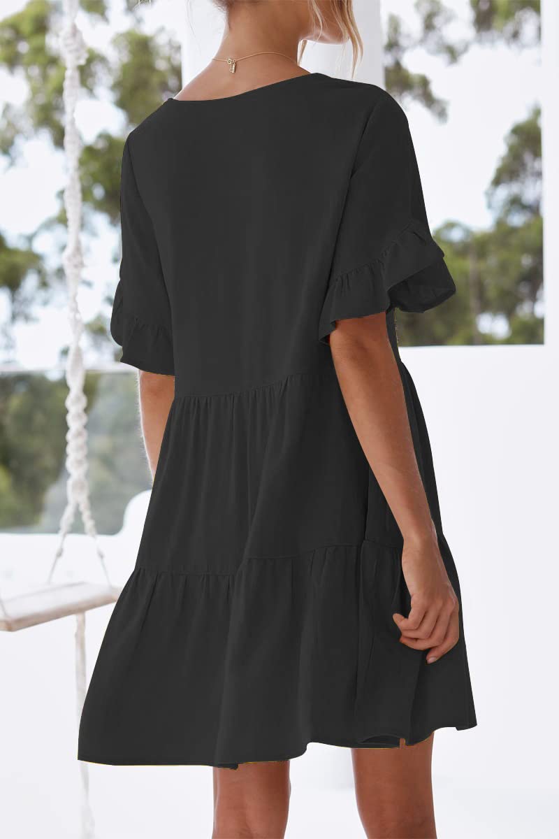 nclook Women's Summer Casual Dress Sweet & Cute V-Neck Mini Dress with Pocket Short Sleevele Ruffle Dress