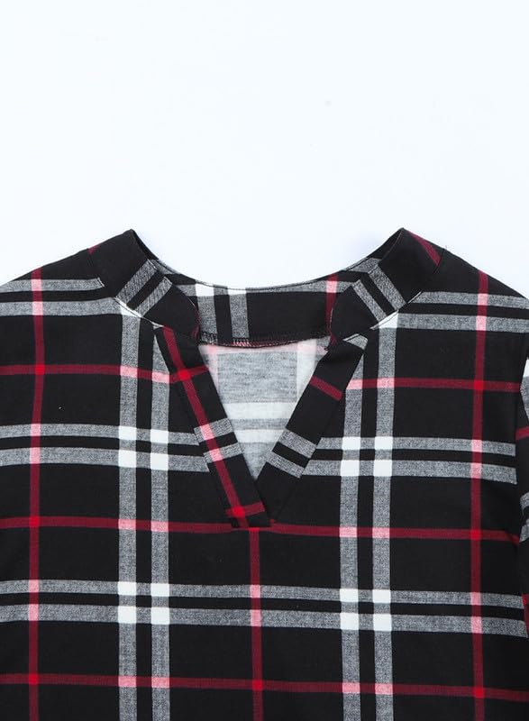 Dokotoo Womens Basic Casual V Neck Plaid Print Cotton Cuffed Long Sleeve Work Tops Blouses Shirts S-3XL