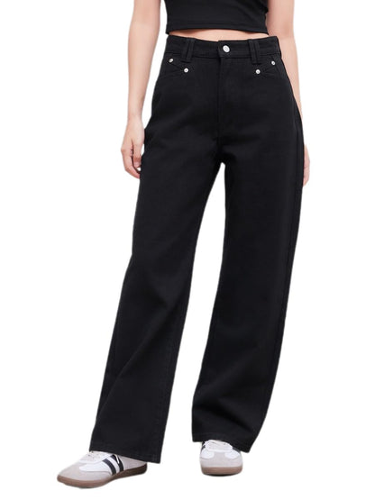 Women's Patchwork Pearl Embellished Jeans High Waisted Solid Color Casual Straight Leg Baggy Denim Pants