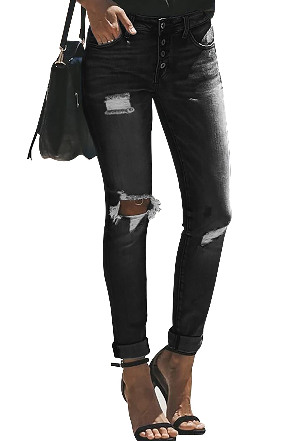 KUNMI Women's Ripped Mid Waisted Boyfriend Jeans Loose Fit Distressed Stretchy Denim Pants