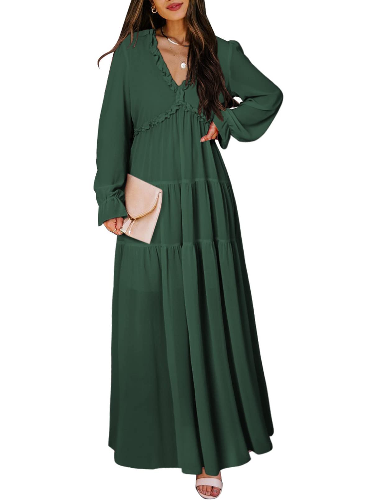 BLENCOT Womens Casual Boho Deep V Neck Short Sleeve Long Dress