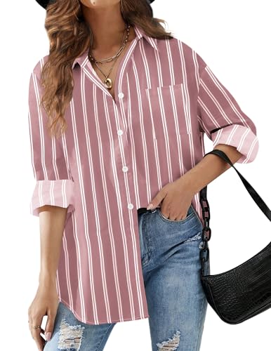 HOTOUCH Women Oversized Button Down Shirts Office Drop Shoulder Blouse Long Sleeve Boyfriend Dress Shirt with Pockets