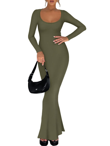 REORIA Womens Basic Sexy Square Neck Long Sleeve Soft Lounge Long Dress Fall Casual Ribbed Bodycon Maxi Dresses