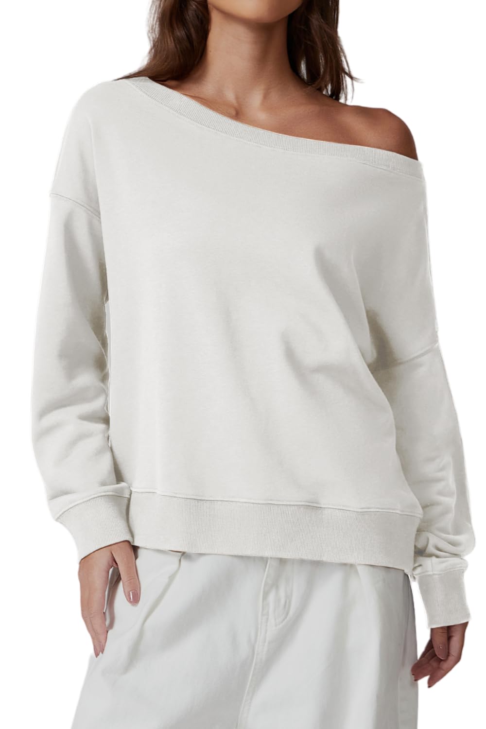 QINSEN Womens Oversized Sweatshirt Long Sleeve Off The Shoulder Pullover Casual Comfy Fall Outfits