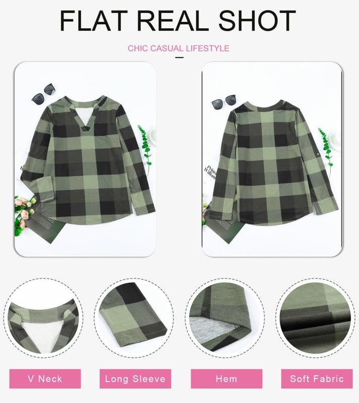 Dokotoo Womens Basic Casual V Neck Plaid Print Cotton Cuffed Long Sleeve Work Tops Blouses Shirts S-3XL
