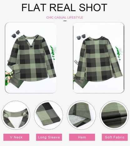 Dokotoo Womens Basic Casual V Neck Plaid Print Cotton Cuffed Long Sleeve Work Tops Blouses Shirts S-3XL