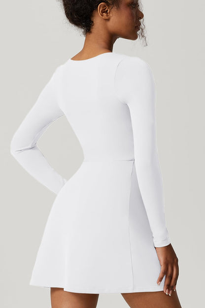QINSEN Womens Square Neck Bodice Dress Long Sleeve Side Slit Flare Mini Dresses