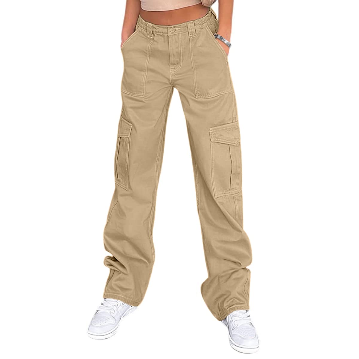 Lepunuo Cargo Pants for Women High Waisted Casual Pants Baggy Stretchy Wide Leg Y2K Streetwear with 6 Pockets