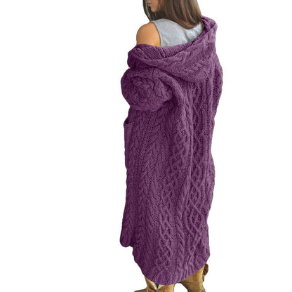 NIUBIA Womens Casual Long Sleeve Open Cardigan Warm Hooded Outwear Coat Cable Knit Long Cardigan Sweaters with Pockets