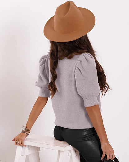 Women's Puff Short Sleeve Sweater Tops 2024 Spring Summer Trendy Crew Neck Casual T Shirts Blouses