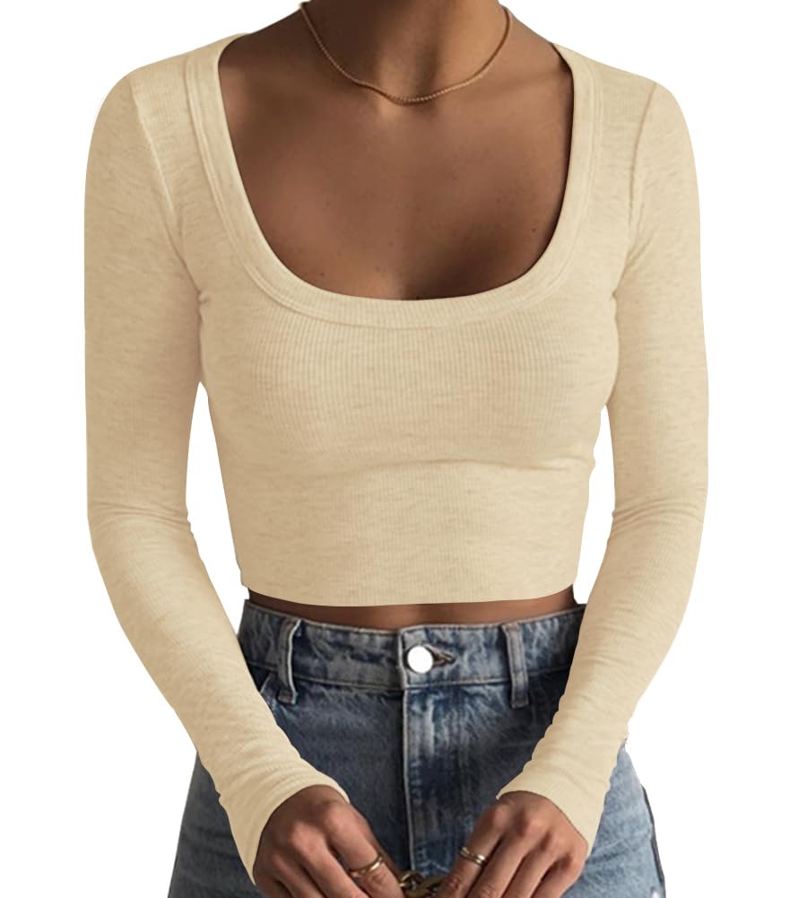Artfish Women's Square Neck Long Sleeve Ribbed Slim Fitted Casual Basic Crop Top