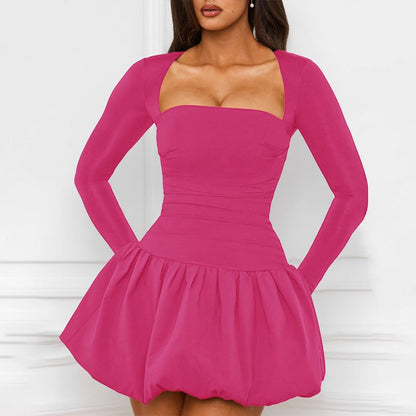 Women Bubble Mini Dress Long Sleeve Square Neck Backless Puffy Skirt Dress Short Formal Dresses