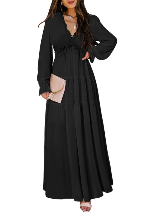 BLENCOT Womens Casual Boho Deep V Neck Short Sleeve Long Dress