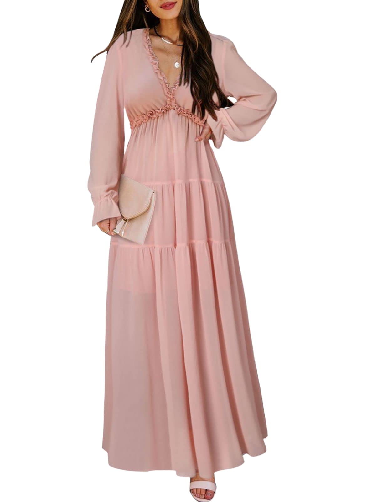 BLENCOT Womens Casual Boho Deep V Neck Short Sleeve Long Dress