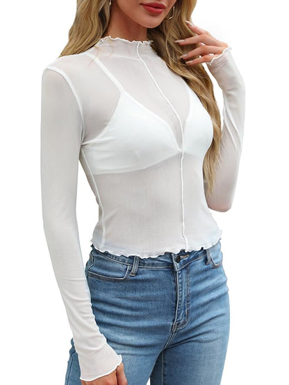 WIHOLL Womens Mesh Sheer Tops Sexy Crew Neck Summer Loose FIt Party Clubwear Shirts