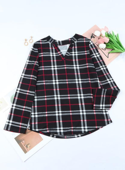 Dokotoo Womens Basic Casual V Neck Plaid Print Cotton Cuffed Long Sleeve Work Tops Blouses Shirts S-3XL