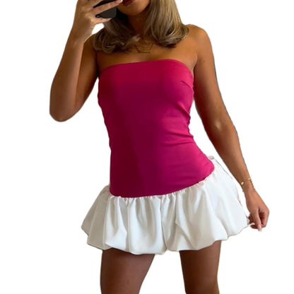Women Y2k Puff Bubble Dress 2024 Summer Strapless Mini Dress Casual Patchwork Bandeau Tube Corset Party Sundress