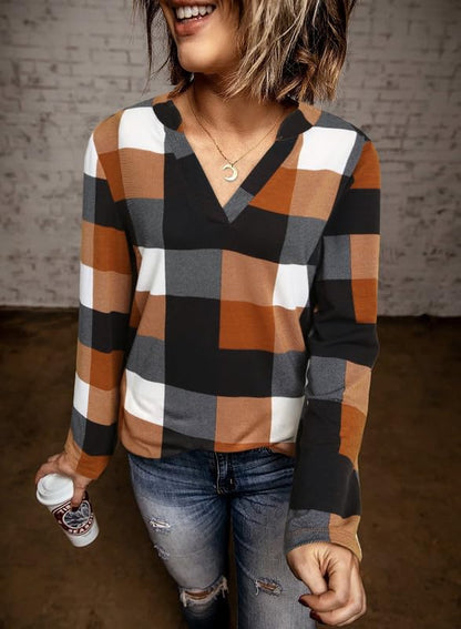 Dokotoo Womens Basic Casual V Neck Plaid Print Cotton Cuffed Long Sleeve Work Tops Blouses Shirts S-3XL