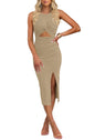 oten Women's Casual Sleeveless Cutout Twist Front Side Slit Ribbed Knit Party Bodycon Midi Dresses