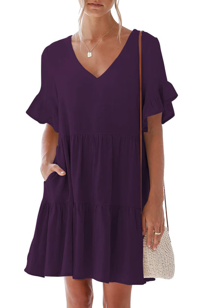 nclook Women's Summer Casual Dress Sweet & Cute V-Neck Mini Dress with Pocket Short Sleevele Ruffle Dress