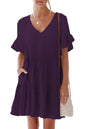 nclook Women's Summer Casual Dress Sweet & Cute V-Neck Mini Dress with Pocket Short Sleevele Ruffle Dress