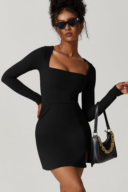 QINSEN Womens Square Neck Bodice Dress Long Sleeve Side Slit Flare Mini Dresses