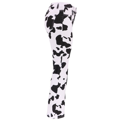 NATHGAM Women Denim Flare Pants High Waisted Y2k Cow Print Bell Bottom Jeans Soft Fashion Bootcut Skinny Trousers with Pocket