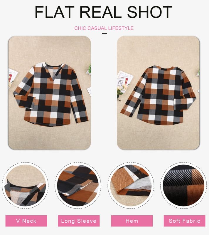 Dokotoo Womens Basic Casual V Neck Plaid Print Cotton Cuffed Long Sleeve Work Tops Blouses Shirts S-3XL