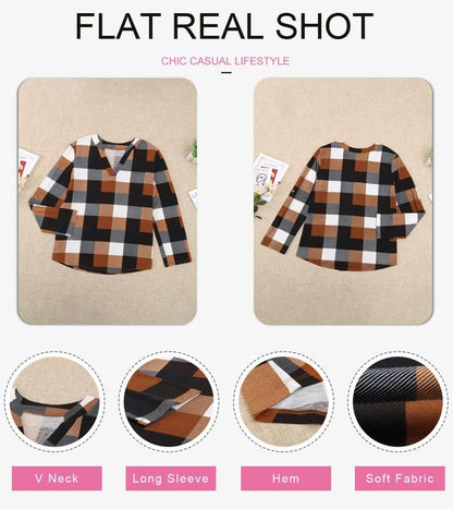 Dokotoo Womens Basic Casual V Neck Plaid Print Cotton Cuffed Long Sleeve Work Tops Blouses Shirts S-3XL