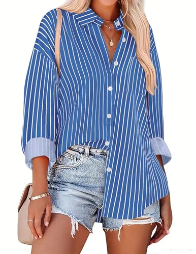 HOTOUCH Women Oversized Button Down Shirts Office Drop Shoulder Blouse Long Sleeve Boyfriend Dress Shirt with Pockets