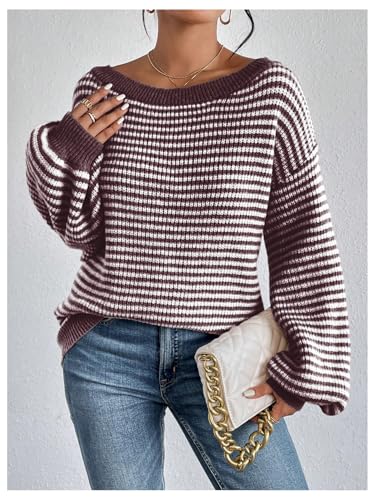 SOLY HUX Women's Off The Shoulder Striped Sweaters Oversized Long Sleeve Knit Pullover Tops