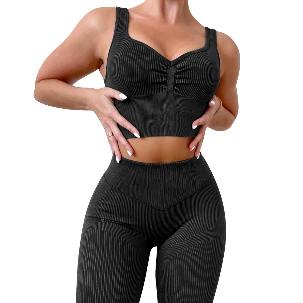 ABOCIW Workout Sets for Women 2 Piece Ribbed Seamless High Waist Scrunch Butt Leggings with Sport Bra Gym Yoga Outfits