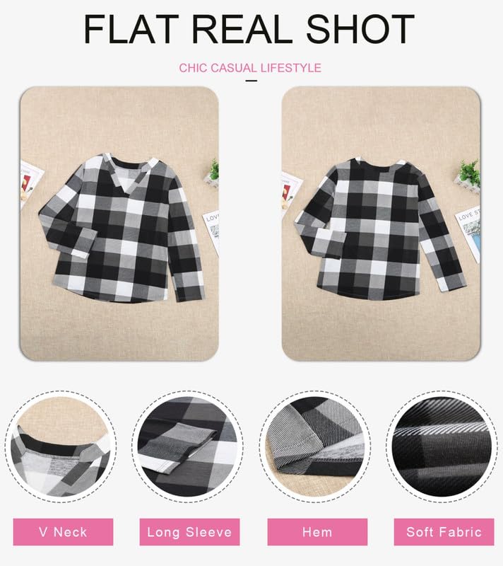 Dokotoo Womens Basic Casual V Neck Plaid Print Cotton Cuffed Long Sleeve Work Tops Blouses Shirts S-3XL