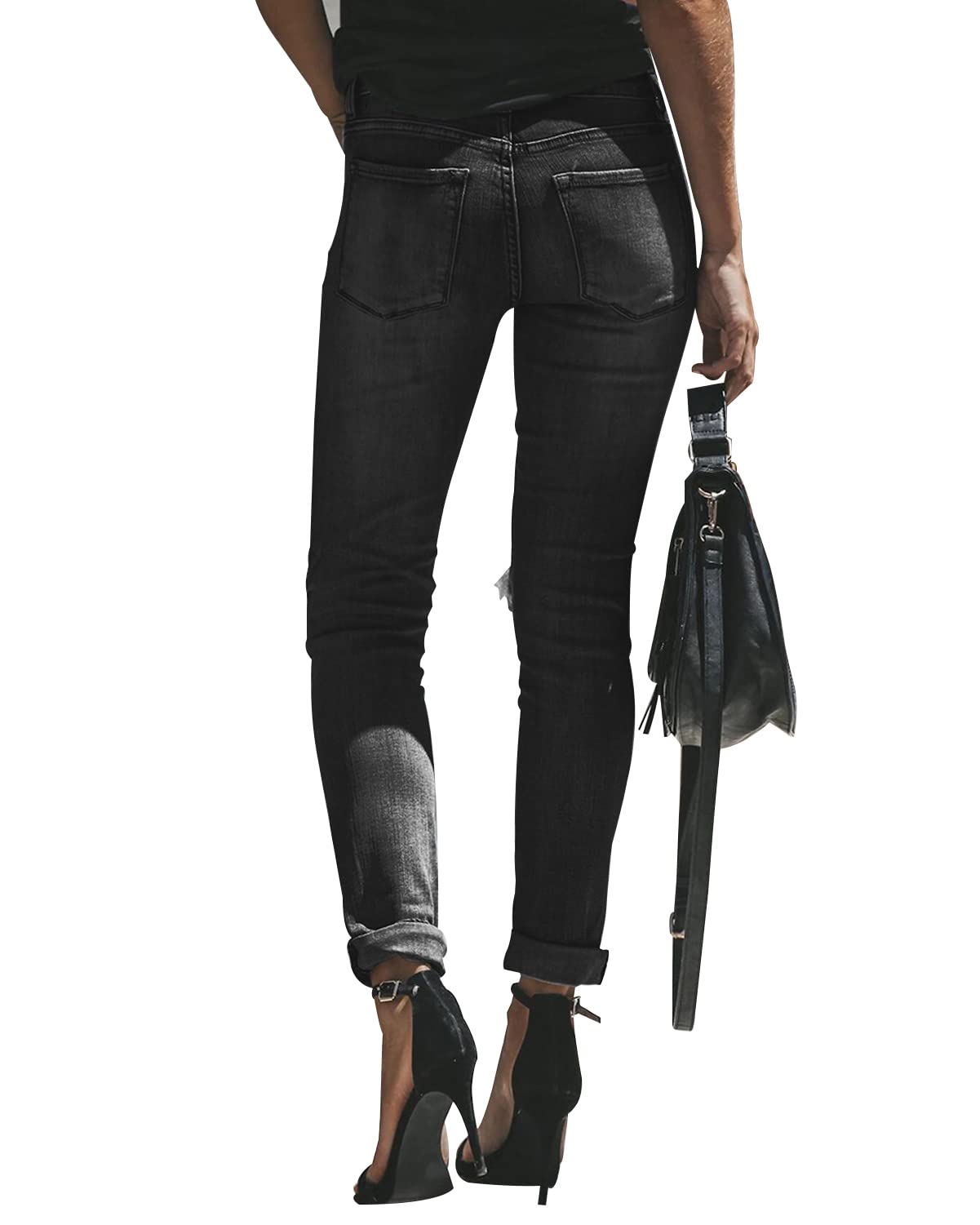 KUNMI Women's Ripped Mid Waisted Boyfriend Jeans Loose Fit Distressed Stretchy Denim Pants