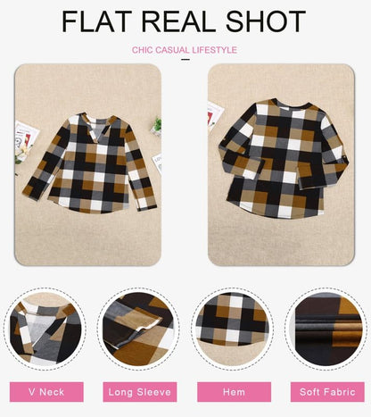 Dokotoo Womens Basic Casual V Neck Plaid Print Cotton Cuffed Long Sleeve Work Tops Blouses Shirts S-3XL