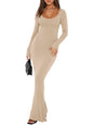 REORIA Womens Basic Sexy Square Neck Long Sleeve Soft Lounge Long Dress Fall Casual Ribbed Bodycon Maxi Dresses