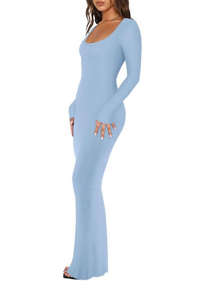 REORIA Womens Basic Sexy Square Neck Long Sleeve Soft Lounge Long Dress Fall Casual Ribbed Bodycon Maxi Dresses