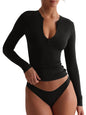 REORIA Double Lined Quarter Zip Sexy V Neck Long Sleeve Cropped Top Going Out Tops for Womens Fall Fashion 2024